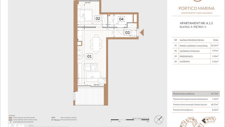 Rzut - Mieszkanie na sprzedaż 2 pokoje o powierzchni 42,52 m² - numer A.1.5 w Portico Marina