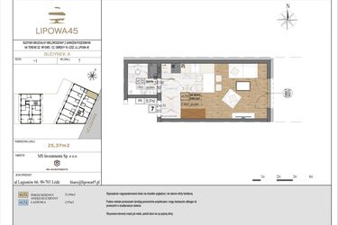 Rzut - Mieszkanie na sprzedaż 1 pokój o powierzchni 25,37 m² - numer A7 w Lipowa 45