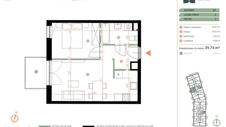 Rzut - Mieszkanie na sprzedaż 2 pokoje o powierzchni 39,74 m² - numer M.02.11 w Casa Feliz Portowa II