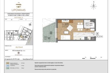 Rzut - Mieszkanie na sprzedaż 1 pokój o powierzchni 25,72 m² - numer A3 w Lipowa 45