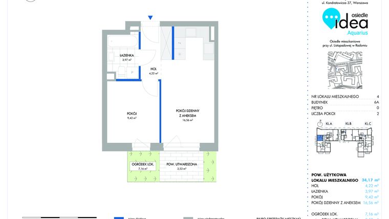Rzut - Mieszkanie na sprzedaż 2 pokoje o powierzchni 34,17 m² - numer 6A/4 w Osiedle Idea Aquarius