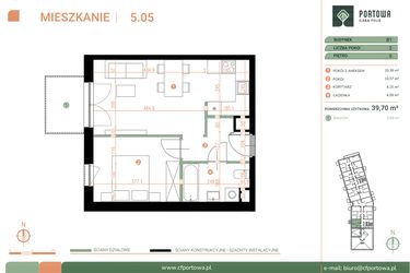 Rzut - Mieszkanie na sprzedaż 2 pokoje o powierzchni 39,7 m² - numer M.05.05 w Casa Feliz Portowa II