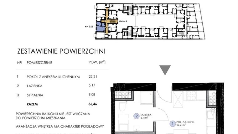 Rzut - Mieszkanie na sprzedaż 2 pokoje o powierzchni 36,46 m² - numer KM 3.08 w Nawrot 34