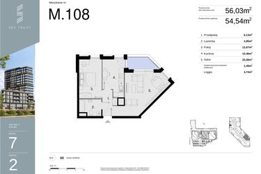 Rzut - Mieszkanie na sprzedaż 2 pokoje o powierzchni 56,03 m² - numer M108 w Sky Trust etap II