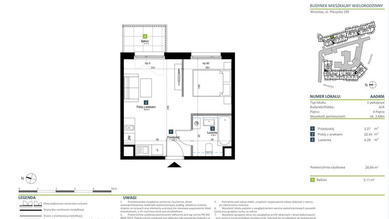 Rzut - Mieszkanie na sprzedaż 1 pokój o powierzchni 28,99 m² - numer AA0406 w Pilczycka Vita