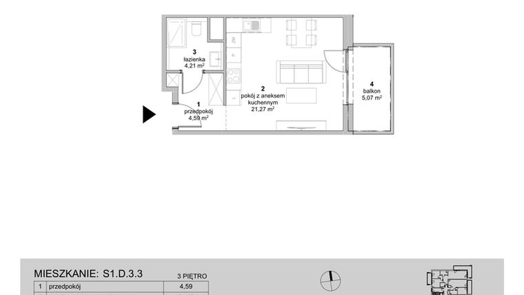 Rzut - Mieszkanie na sprzedaż 1 pokój o powierzchni 30,07 m² - numer S1.D.3.3 w ATAL Idea Swarzędz II