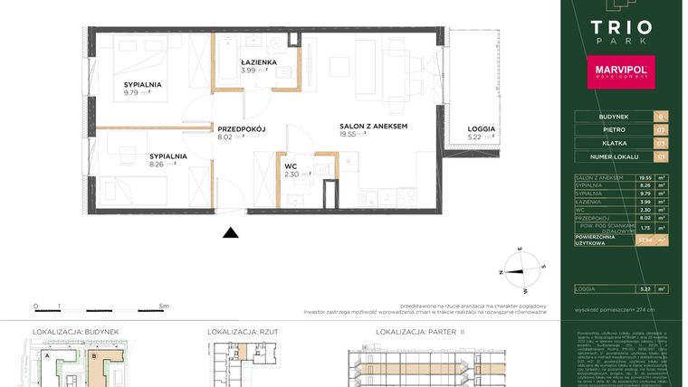 Rzut - Mieszkanie na sprzedaż 3 pokoje o powierzchni 53,64 m² - numer B111 w Trio Park