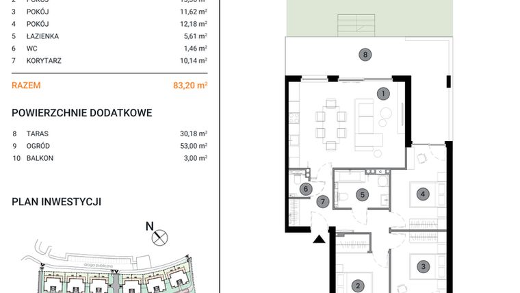 Rzut - Mieszkanie na sprzedaż 4 pokoje o powierzchni 83,2 m² - numer 12L.2 w Wille Miejskie Lekcyjna
