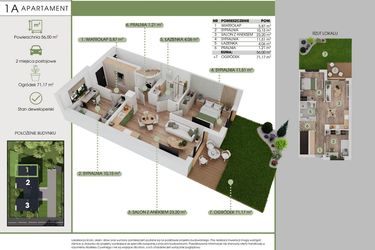 Rzut - Mieszkanie na sprzedaż 3 pokoje o powierzchni 56 m² - numer 1A w Green House Tuwima