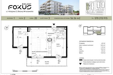 Rzut - Mieszkanie na sprzedaż 3 pokoje o powierzchni 56,36 m² - numer B1-20 w Fokus Bielany