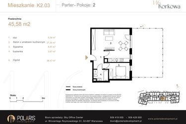 Rzut - Mieszkanie na sprzedaż 2 pokoje o powierzchni 45,58 m² - numer K2.03 w Korkowa 146