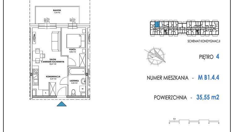 Rzut - Mieszkanie na sprzedaż 2 pokoje o powierzchni 35,71 m² - numer B1.4.4 w Apartamenty Nowe Miasto