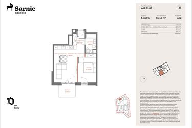 Rzut - Mieszkanie na sprzedaż 2 pokoje o powierzchni 43,46 m² - numer A1.2-01.03 w Sarnie Osiedle