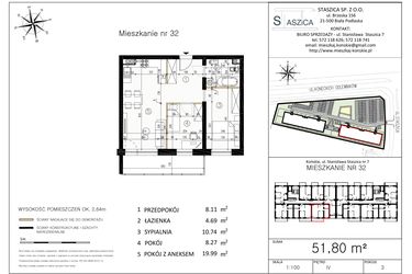 Rzut - Mieszkanie na sprzedaż 3 pokoje o powierzchni 51,8 m² - numer M32 w Staszica