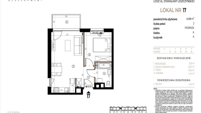 Rzut - Mieszkanie na sprzedaż 2 pokoje o powierzchni 40,88 m² - numer A017 w Ustronna