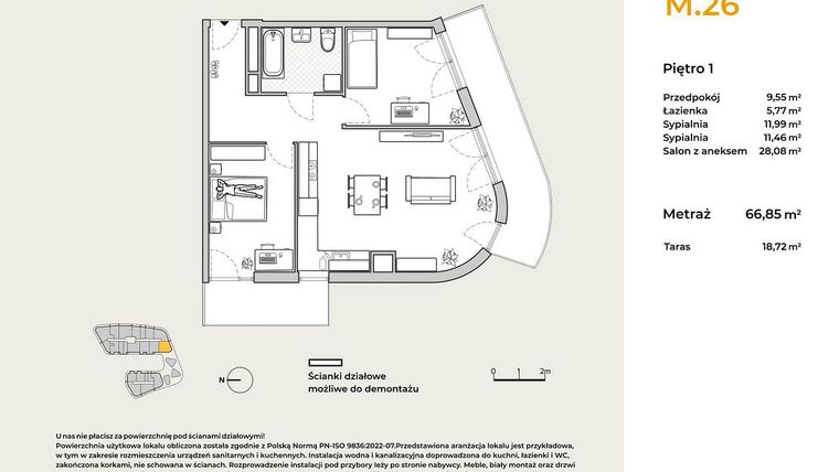 Rzut - Mieszkanie na sprzedaż 3 pokoje o powierzchni 66,85 m² - numer M26 w Baja Piaśniki