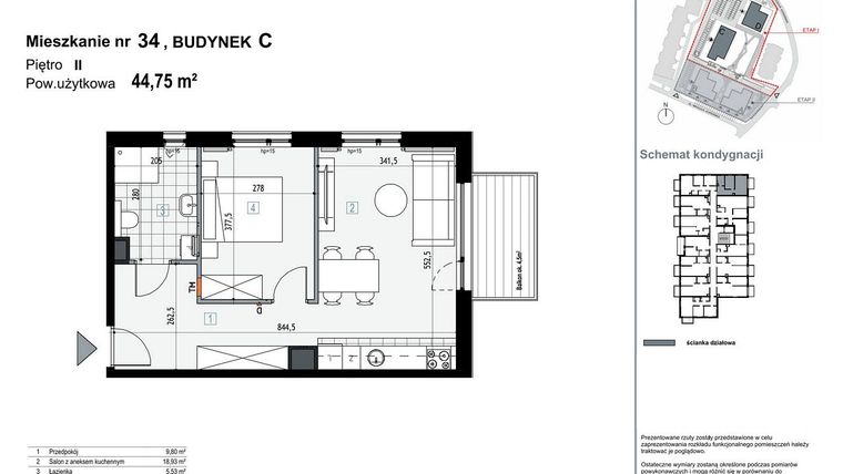 Rzut - Mieszkanie na sprzedaż 2 pokoje o powierzchni 44,75 m² - numer C.M34 w Apartamenty Kopernika