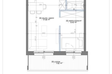 Rzut - Mieszkanie na sprzedaż 2 pokoje o powierzchni 33,58 m² - numer 1.03 w Apartamenty Potulickiego