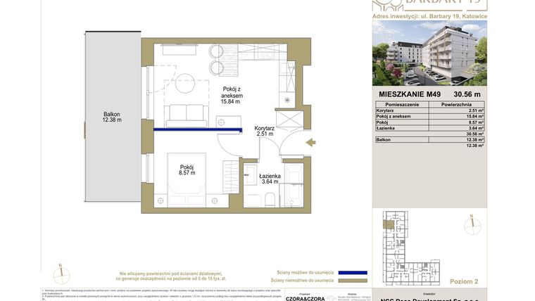 Rzut - Mieszkanie na sprzedaż 2 pokoje o powierzchni 30,56 m² - numer M49 w Barbary 19