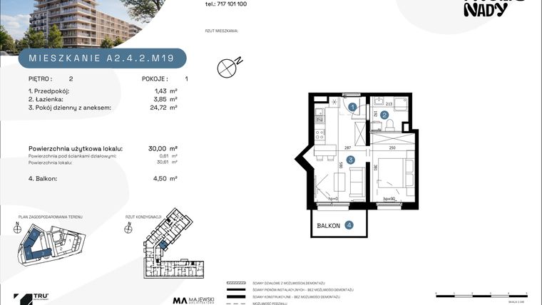 Rzut - Mieszkanie na sprzedaż 1 pokój o powierzchni 30 m² - numer A2.4.2.M19 w Nowe Promenady