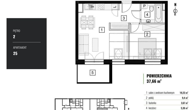 Rzut - Mieszkanie na sprzedaż 2 pokoje o powierzchni 37,66 m² - numer M.25 w Zielony Horyzont II