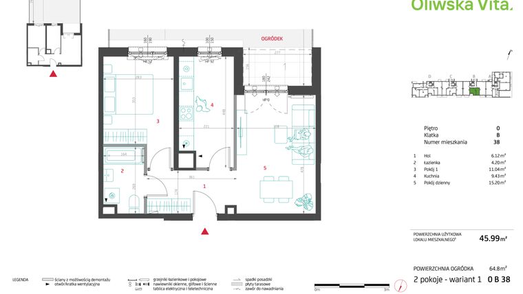 Rzut - Mieszkanie na sprzedaż 2 pokoje o powierzchni 45,99 m² - numer 0B38 w Oliwska Vita