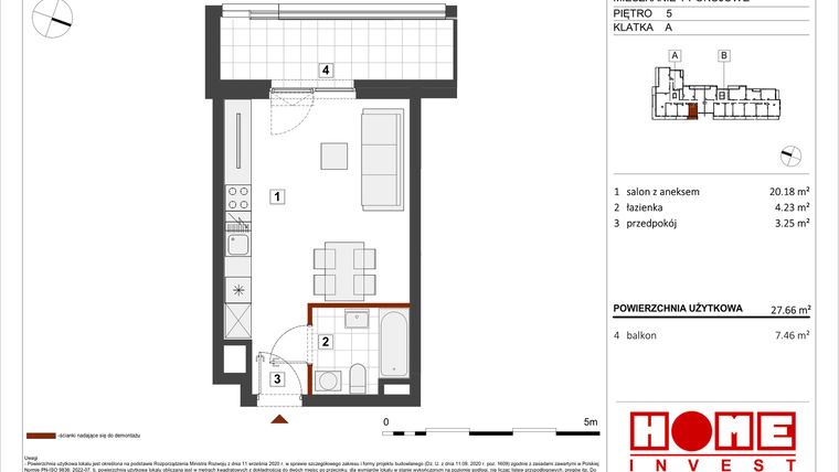 Rzut - Mieszkanie na sprzedaż 1 pokój o powierzchni 27,66 m² - numer B1-A036 w Warszawski Świt etap VIII