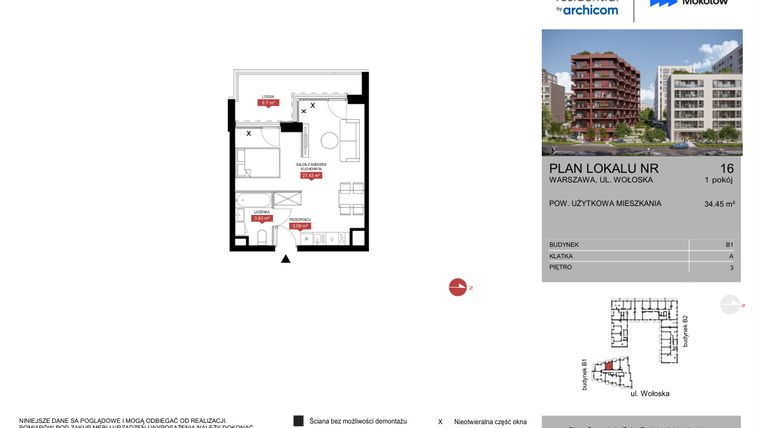 Rzut - Mieszkanie na sprzedaż 1 pokój o powierzchni 34,45 m² - numer B1.16 w Modern Mokotów