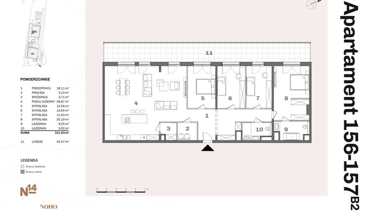 Rzut - Mieszkanie na sprzedaż 5 pokoi o powierzchni 152,88 m² - numer B2.156 w Nadgórników 14