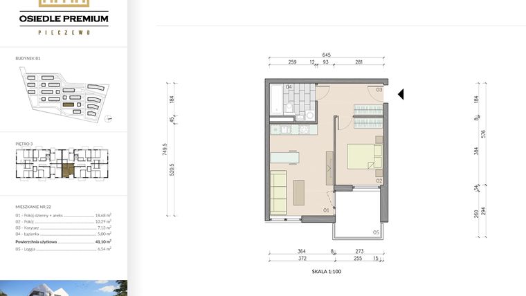 Rzut - Mieszkanie na sprzedaż 2 pokoje o powierzchni 41,1 m² - numer B1.22 w Osiedle Premium etap IV