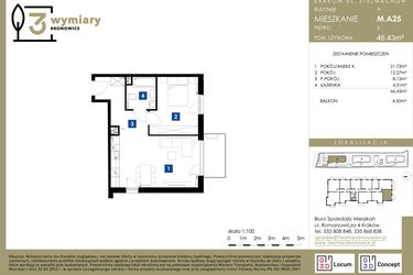 Rzut - Mieszkanie na sprzedaż 2 pokoje o powierzchni 46,43 m² - numer M.A25 w 3 Wymiary Bronowice