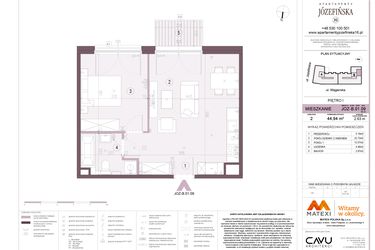 Rzut - Mieszkanie na sprzedaż 2 pokoje o powierzchni 44,94 m² - numer B.01.09 w Apartamenty Józefińska