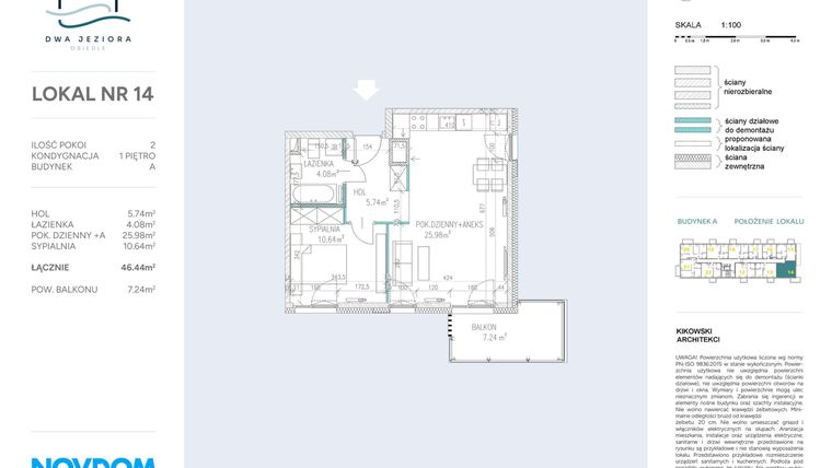 Rzut - Mieszkanie na sprzedaż 2 pokoje o powierzchni 46,44 m² - numer A.14 w Dwa Jeziora