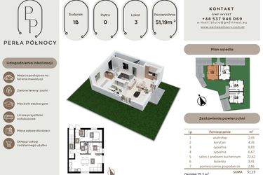 Rzut - Mieszkanie na sprzedaż 3 pokoje o powierzchni 51,19 m² - numer 3 w Perła Północy etap 1