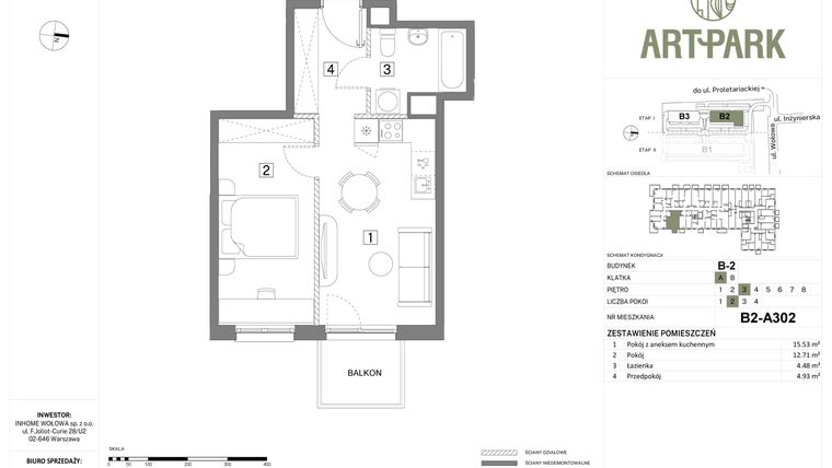 Rzut - Mieszkanie na sprzedaż 2 pokoje o powierzchni 37,65 m² - numer B.2.A302 w Inhome Osiedle ArtPark etap I