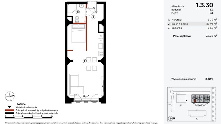 Rzut - Mieszkanie na sprzedaż 1 pokój o powierzchni 37,3 m² - numer EZ.1.3.30 w Elewator - Mieszkania i Lofty