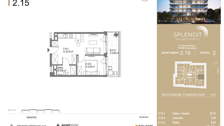 Rzut - Mieszkanie na sprzedaż 2 pokoje o powierzchni 35,32 m² - numer 2.15 w Splendit Świnoujście