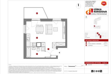 Rzut - Mieszkanie na sprzedaż 1 pokój o powierzchni 30,69 m² - numer 5.3.F.12 w Osiedle Górka Narodowa etap 5