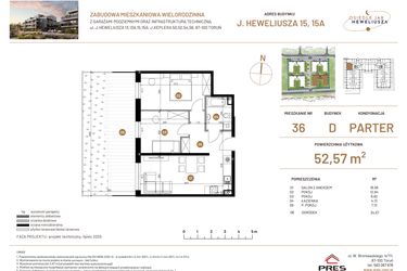 Rzut - Mieszkanie na sprzedaż 3 pokoje o powierzchni 52,57 m² - numer JAR-IV-D-LM-M36 w Osiedle JAR Heweliusza etap IV