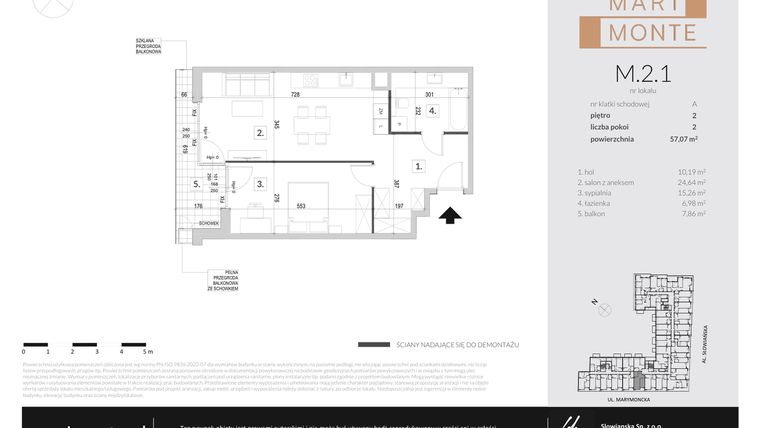 Rzut - Mieszkanie na sprzedaż 2 pokoje o powierzchni 57,07 m² - numer M.2.1 w Marimonte