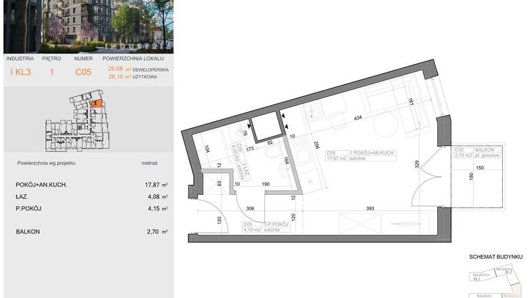 Rzut - Mieszkanie na sprzedaż 1 pokój o powierzchni 26,1 m² - numer I-C5 w Industria etap I-D