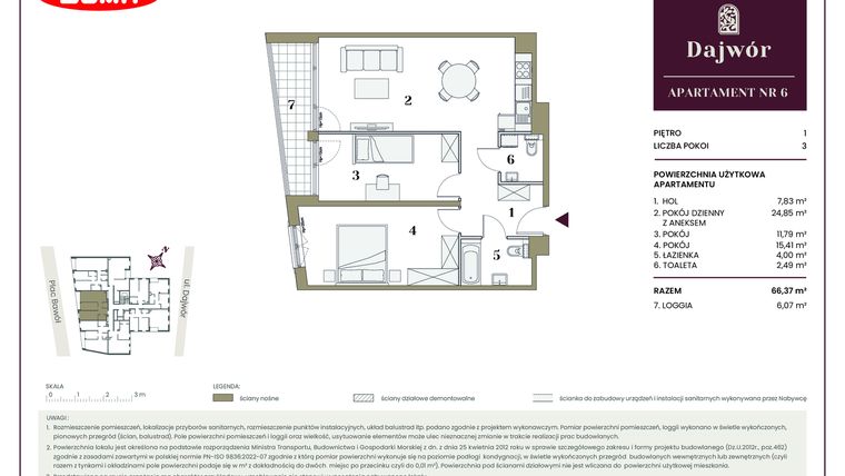 Rzut - Mieszkanie na sprzedaż 3 pokoje o powierzchni 66,37 m² - numer 6 w Dajwór