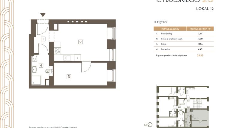 Rzut - Mieszkanie na sprzedaż 2 pokoje o powierzchni 35,35 m² - numer 12 w Cybulskiego 20