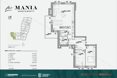 Rzut - Mieszkanie na sprzedaż 3 pokoje o powierzchni 77,26 m² - numer 8 w MANIA Apartamenty
