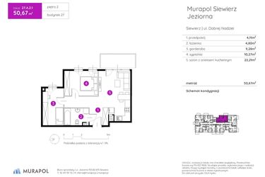 Rzut - Mieszkanie na sprzedaż 2 pokoje o powierzchni 50,67 m² - numer 27.A.2.1 w Murapol Siewierz Jeziorna bud. 27 i 28