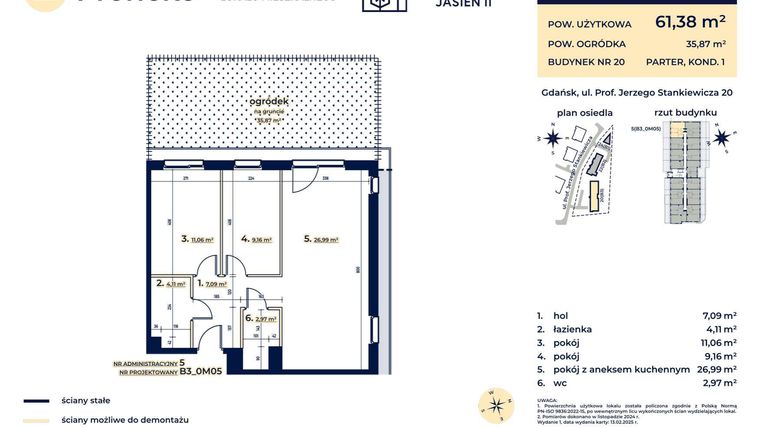 Rzut - Mieszkanie na sprzedaż 3 pokoje o powierzchni 61,38 m² - numer B3_0M05 w Kaskada Jasień - etap II