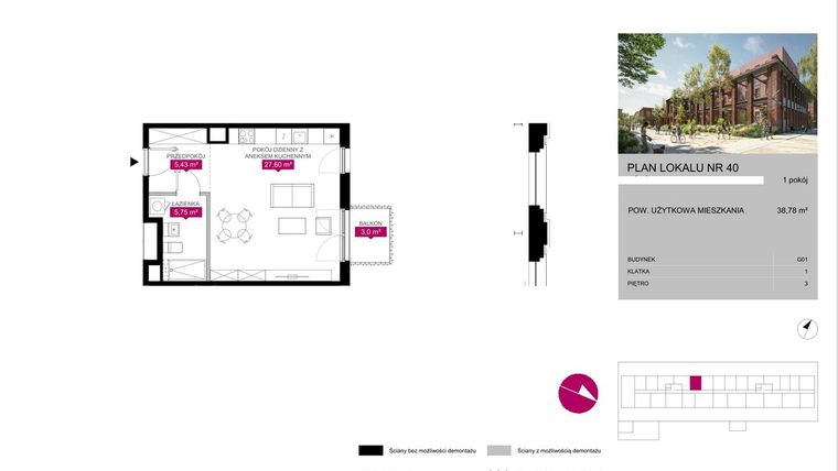 Rzut - Mieszkanie na sprzedaż 1 pokój o powierzchni 38,85 m² - numer 40 w Fuzja Mieszkania Loftowe