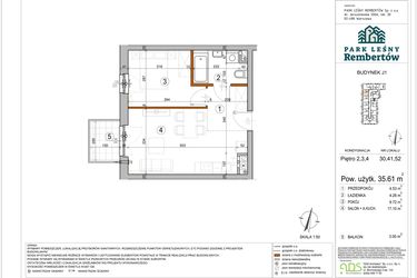 Rzut - Mieszkanie na sprzedaż 2 pokoje o powierzchni 35,61 m² - numer J1-30 w Park Leśny Rembertów etap VIII