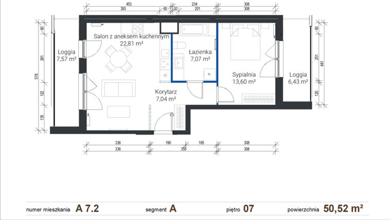 Rzut - Mieszkanie na sprzedaż 2 pokoje o powierzchni 50,52 m² - numer A 7.2 w Nowe Zabłocie