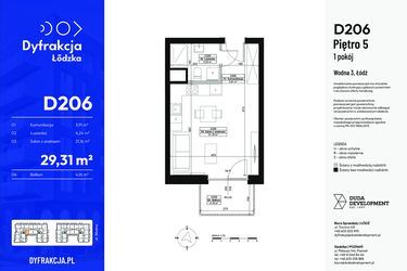 Rzut - Mieszkanie na sprzedaż 1 pokój o powierzchni 29,31 m² - numer D206 w Dyfrakcja Łódzka - bud. CD